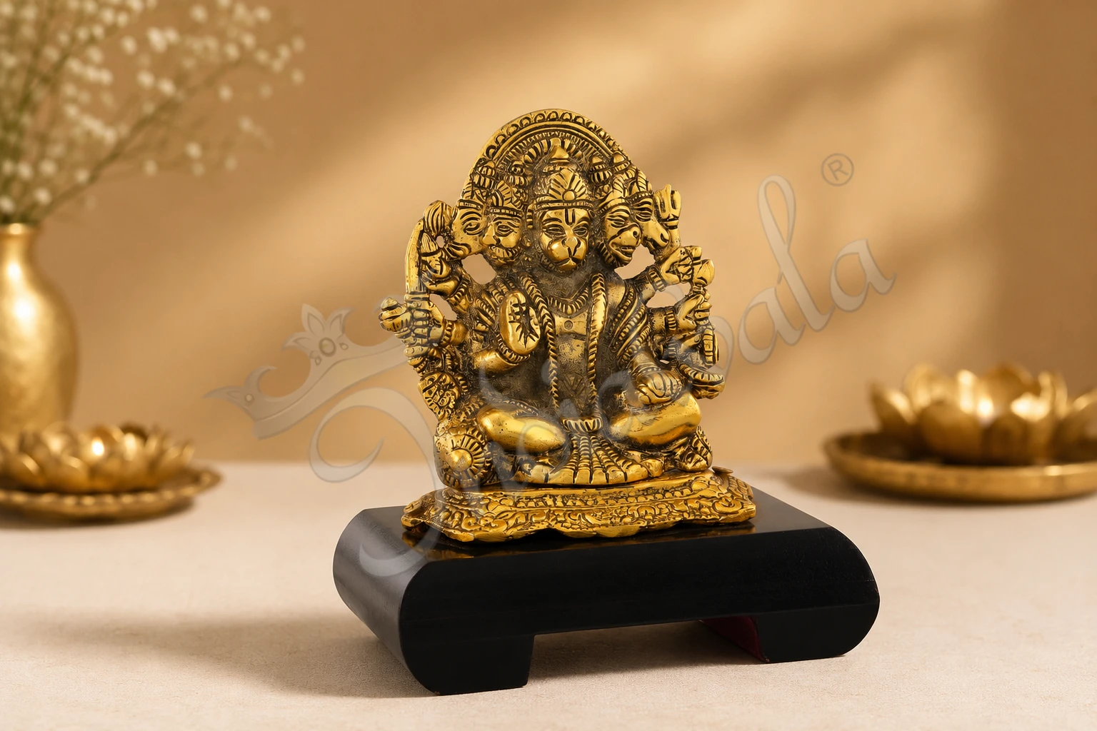 INW-15453 7.5 Inch Gold Plated Panchmukhi Hanuman Statue on a wooden base