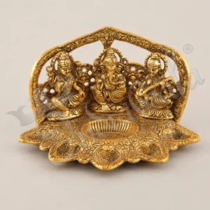 8 inch gold plated lakshmi ganesh saraswati deep with intricate detailing