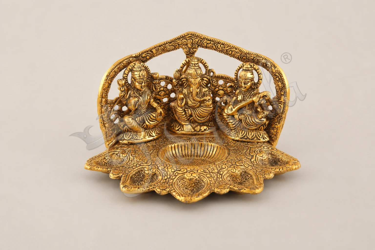 INW-15469 8 inch gold plated lakshmi ganesh saraswati deep with intricate detailing