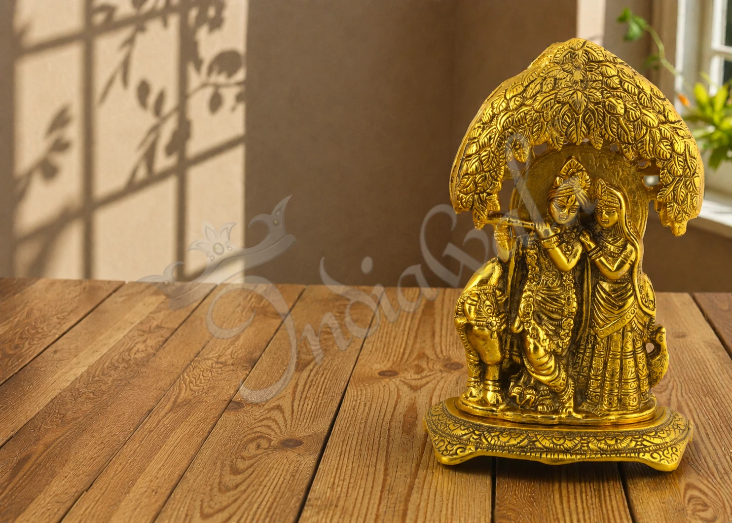 INW-15470 Gold Plated Radha Krishna Cow Tree Idol crafted from premium aluminium