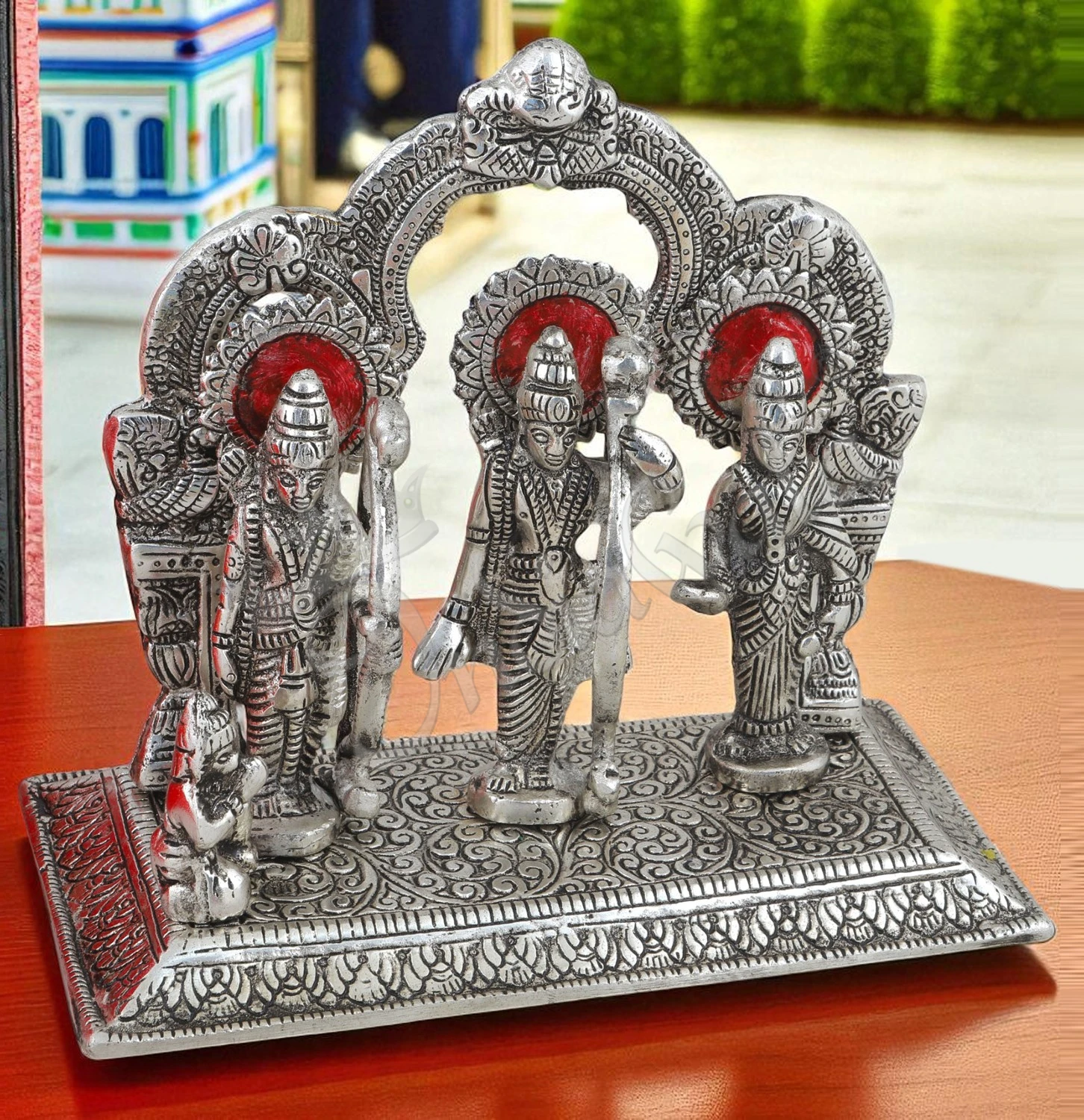 INW-15483 An 8x7 inch Silver Plated Aluminium Ram Darbar Gifting Idol, depicting Lord Rama, Sita, Lakshman, and Hanuman.