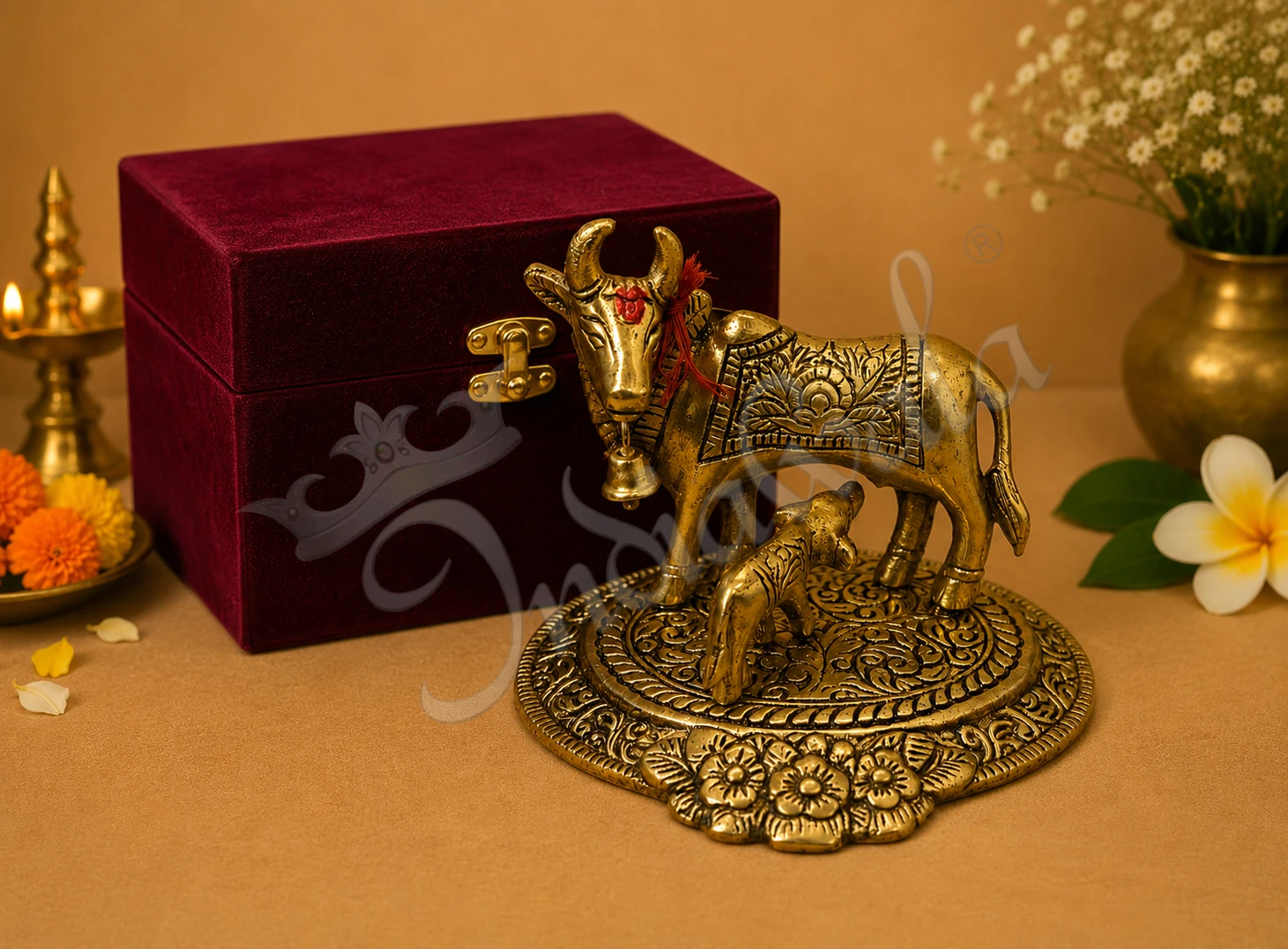 INW-15490-1 Gold Plated Kamdhenu Cow and Calf Statue in a premium red velvet box