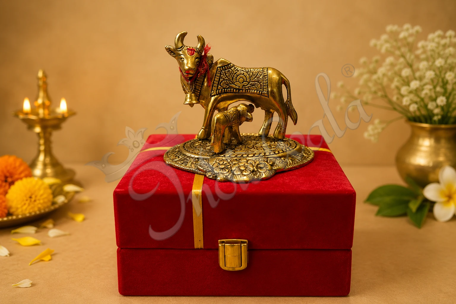 INW-15491 Gold Plated Kamdhenu Cow Calf Velvet Box featuring a handcrafted gold plated aluminium cow and calf statue.