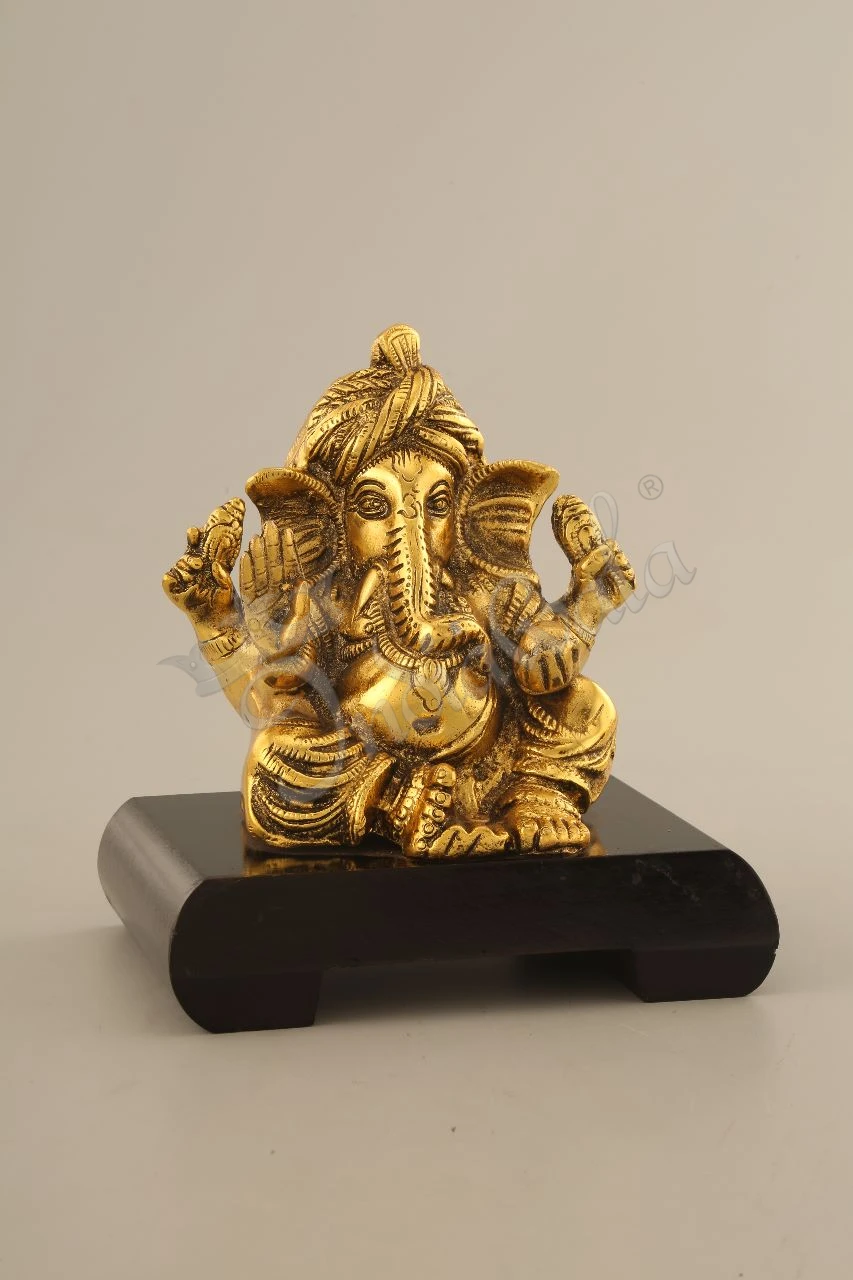 Gold Plated Pagdi Ganesh On Wooden Base statue for corporate gifting