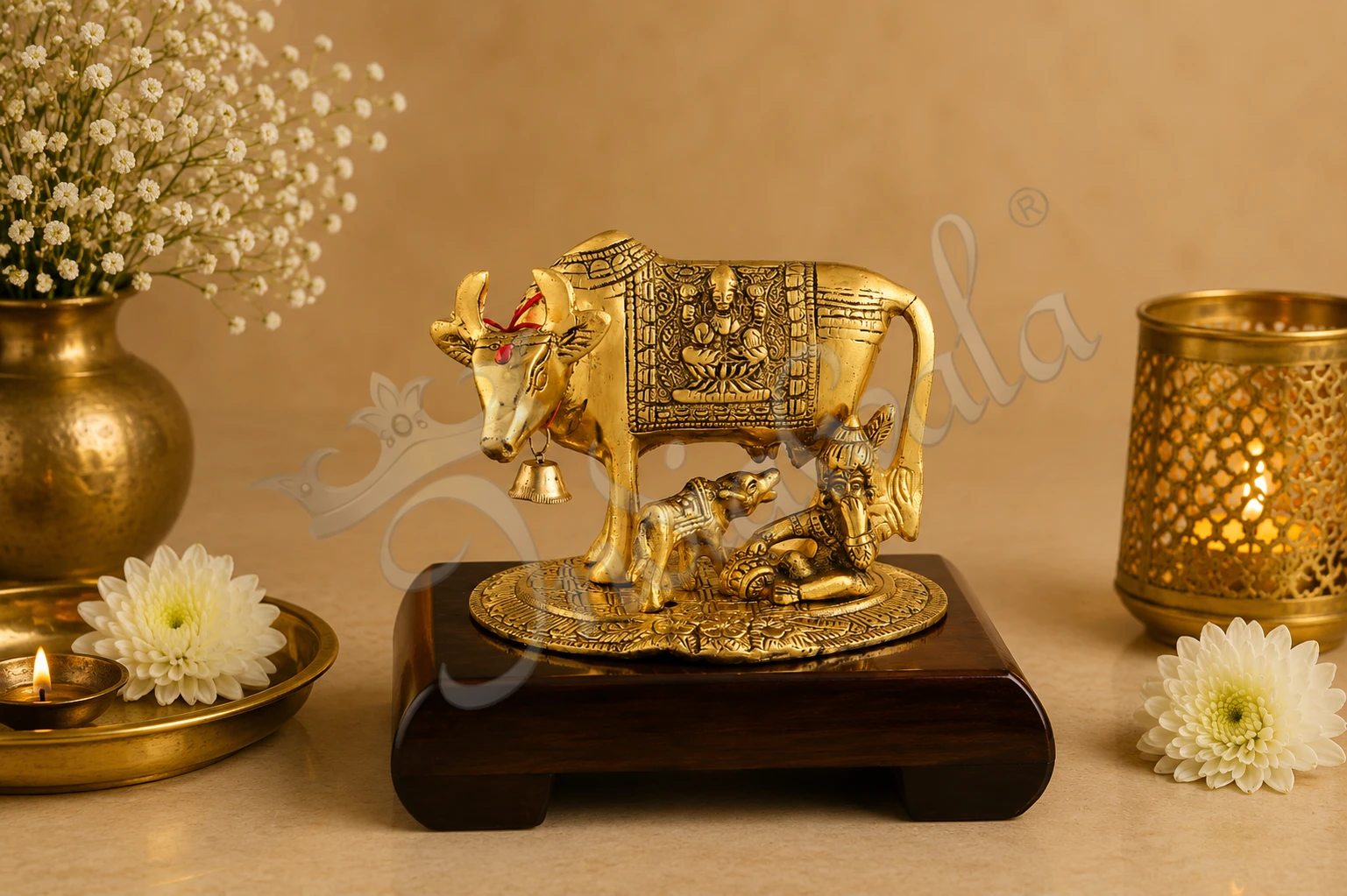 INW-15493 Gold Plated Kamdhenu Cow Calf Laddu Gopal Gift on a wooden base