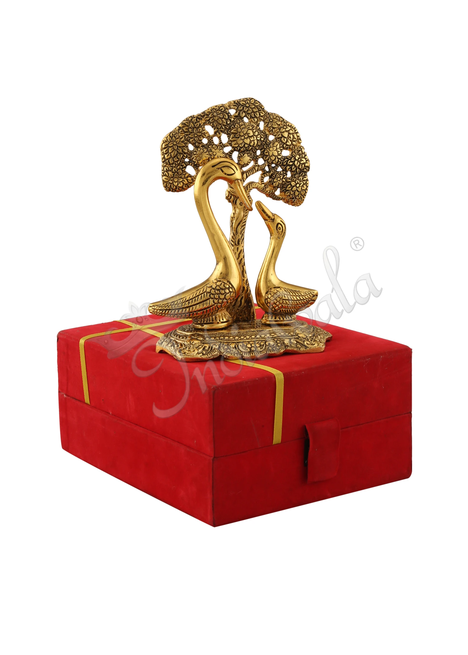 INW-15494 7.5 Inch Gold Plated Aluminium Tree Swan Gift in a premium velvet box