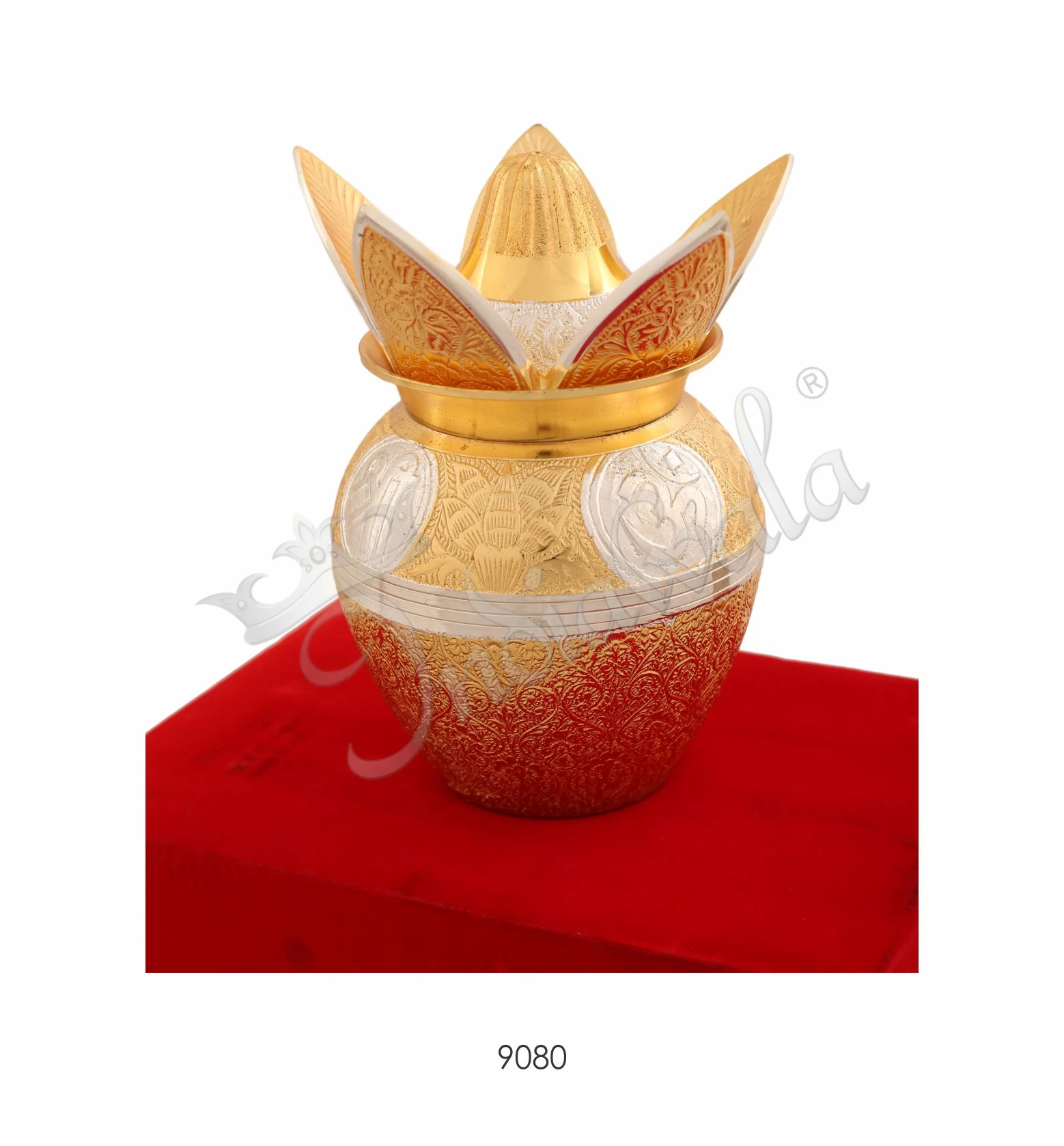 INW-15495 5.5 Inch Gold Plated Aluminium Mangal Kalash in a premium red velvet box