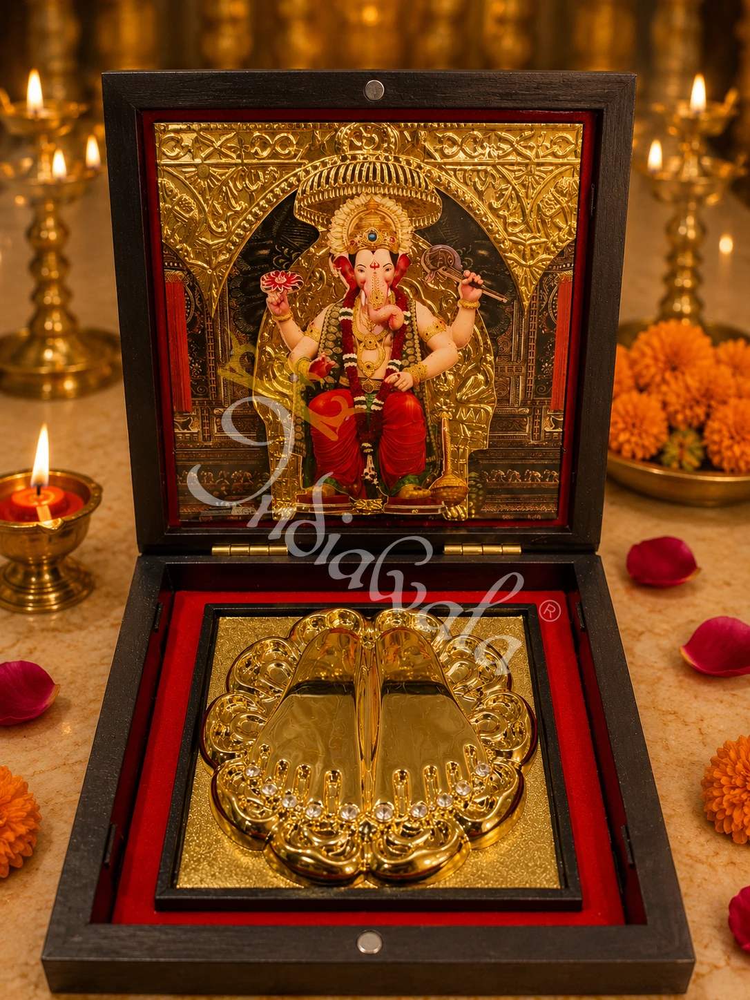 Ganesh Ji Wooden Box Charan Paduka for spiritual gifting
