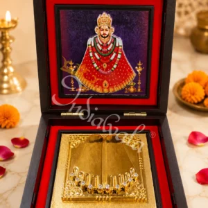 3D Khatu Shyam Charan Paduka Box in a premium wooden casing for spiritual gifting.