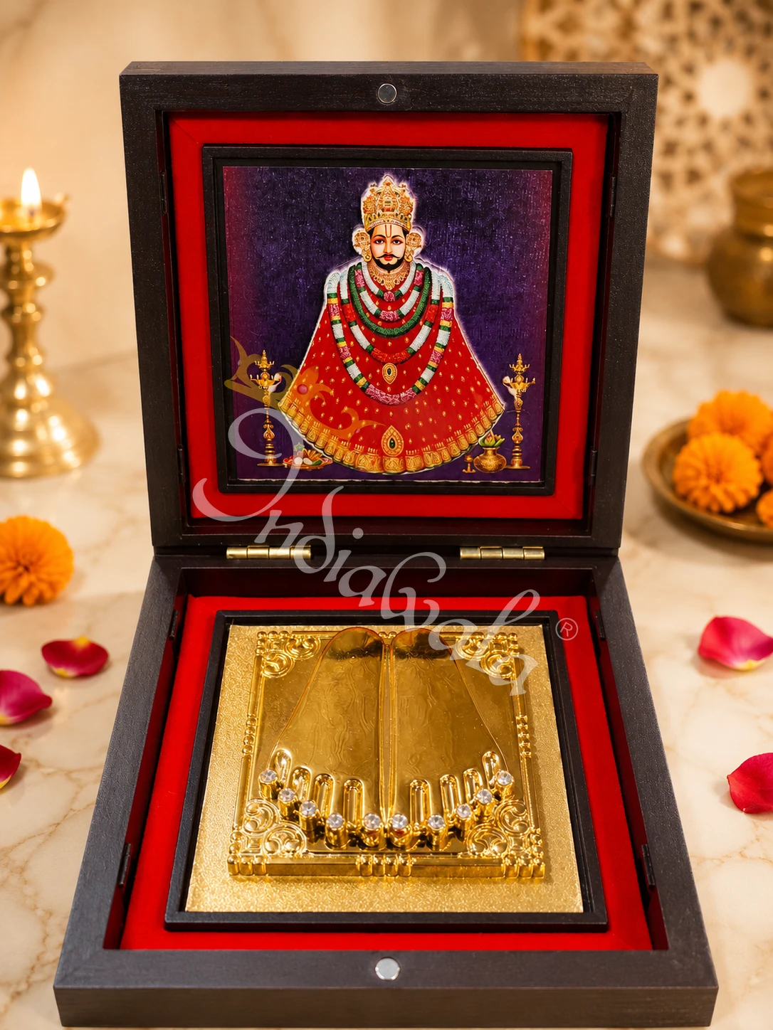 3D Khatu Shyam Charan Paduka Box in a premium wooden casing for spiritual gifting.