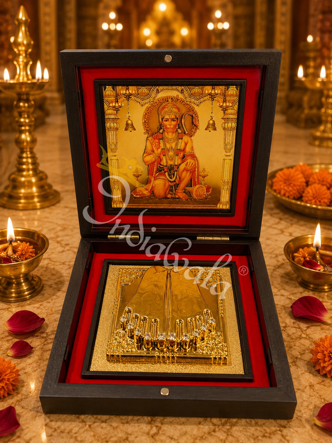 A premium hanuman ji wooden box charan paduka for spiritual gifting.