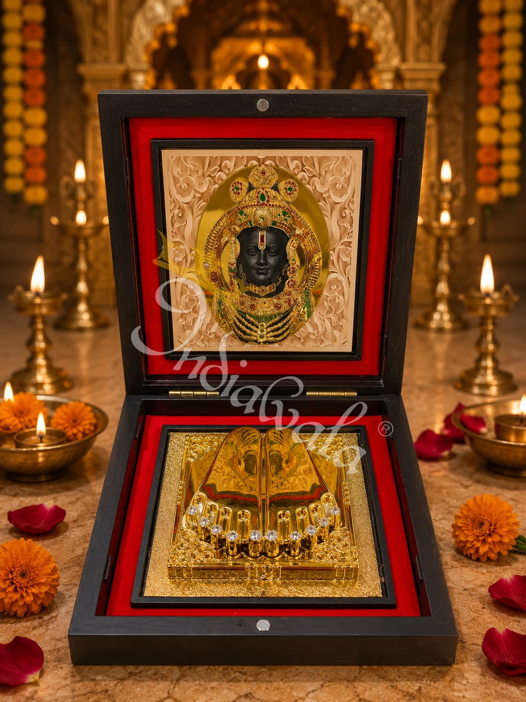 3D Ramlalla Wooden Box Charan Paduka for spiritual gifting