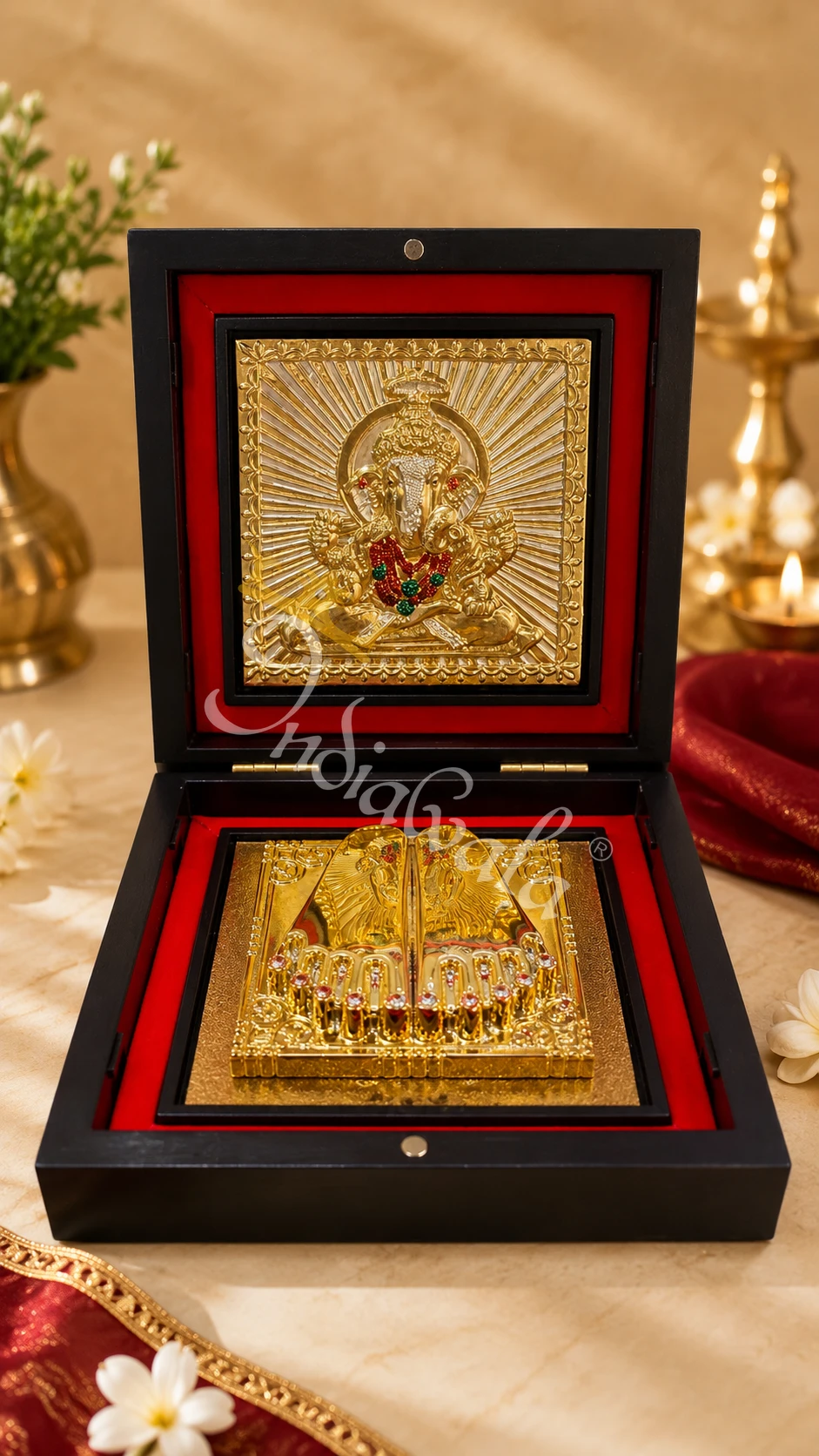 A beautiful 4.5 Inch Ganesh Charan Paduka Box in a premium wooden casing.