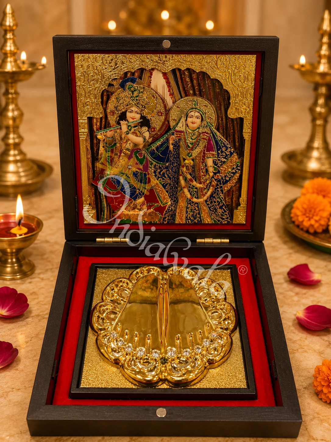 A beautiful 4.5 inch radha krishna charan paduka box made of premium wood.