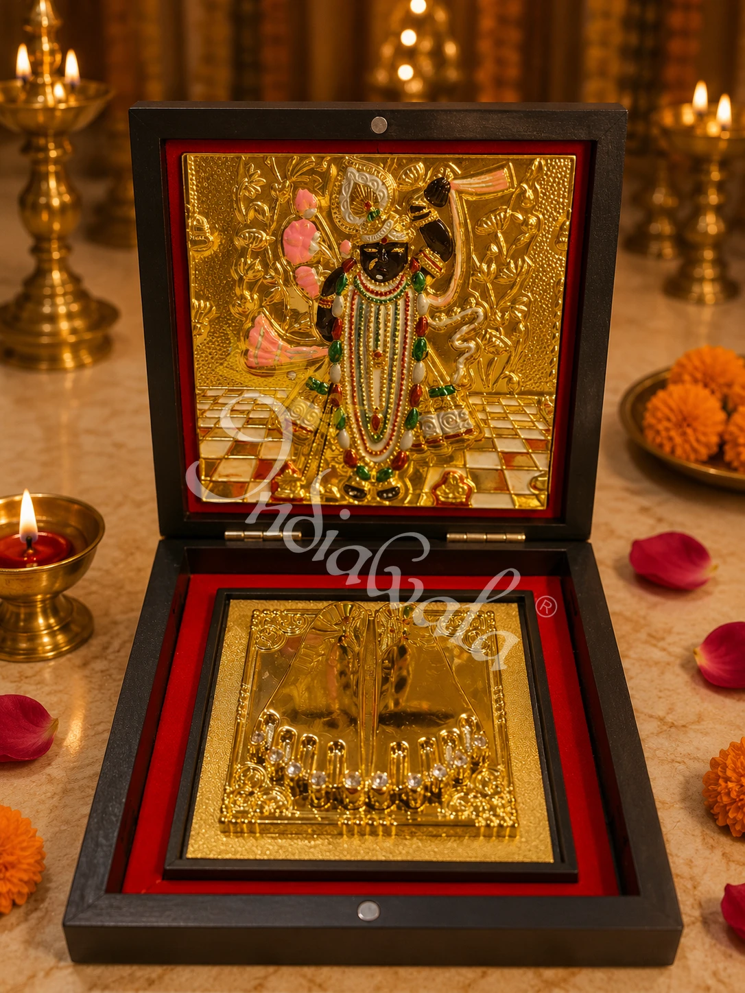 Shrinath Ji wooden charan paduka box with 3D deity depiction