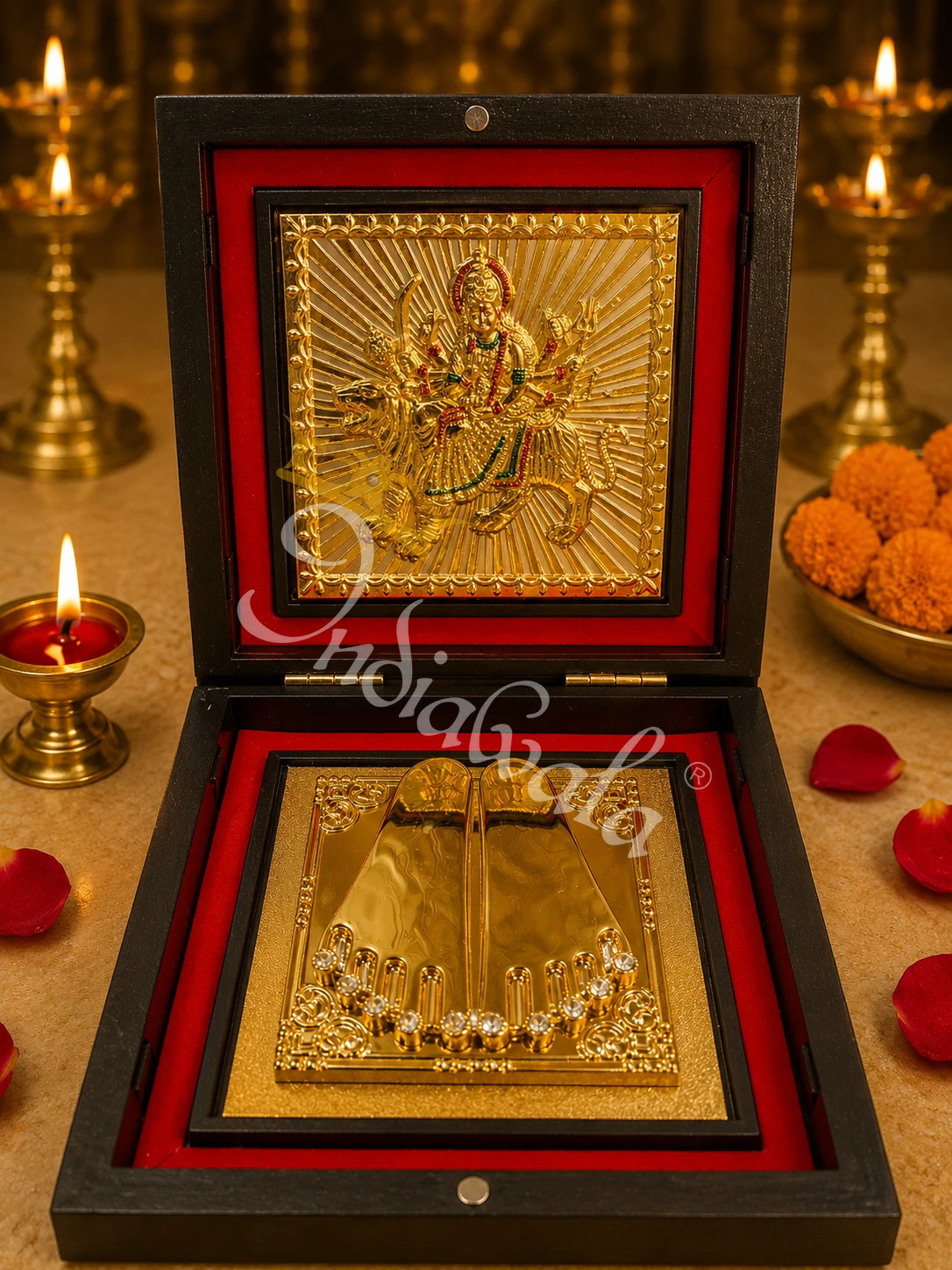 Ambe Maa wooden charan paduka box for spiritual gifting