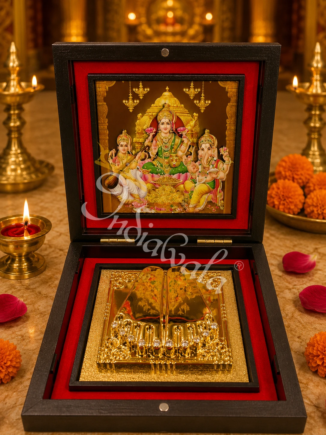 A beautiful 3D laxmi ganesh saraswati charan paduka inside a premium wooden box.
