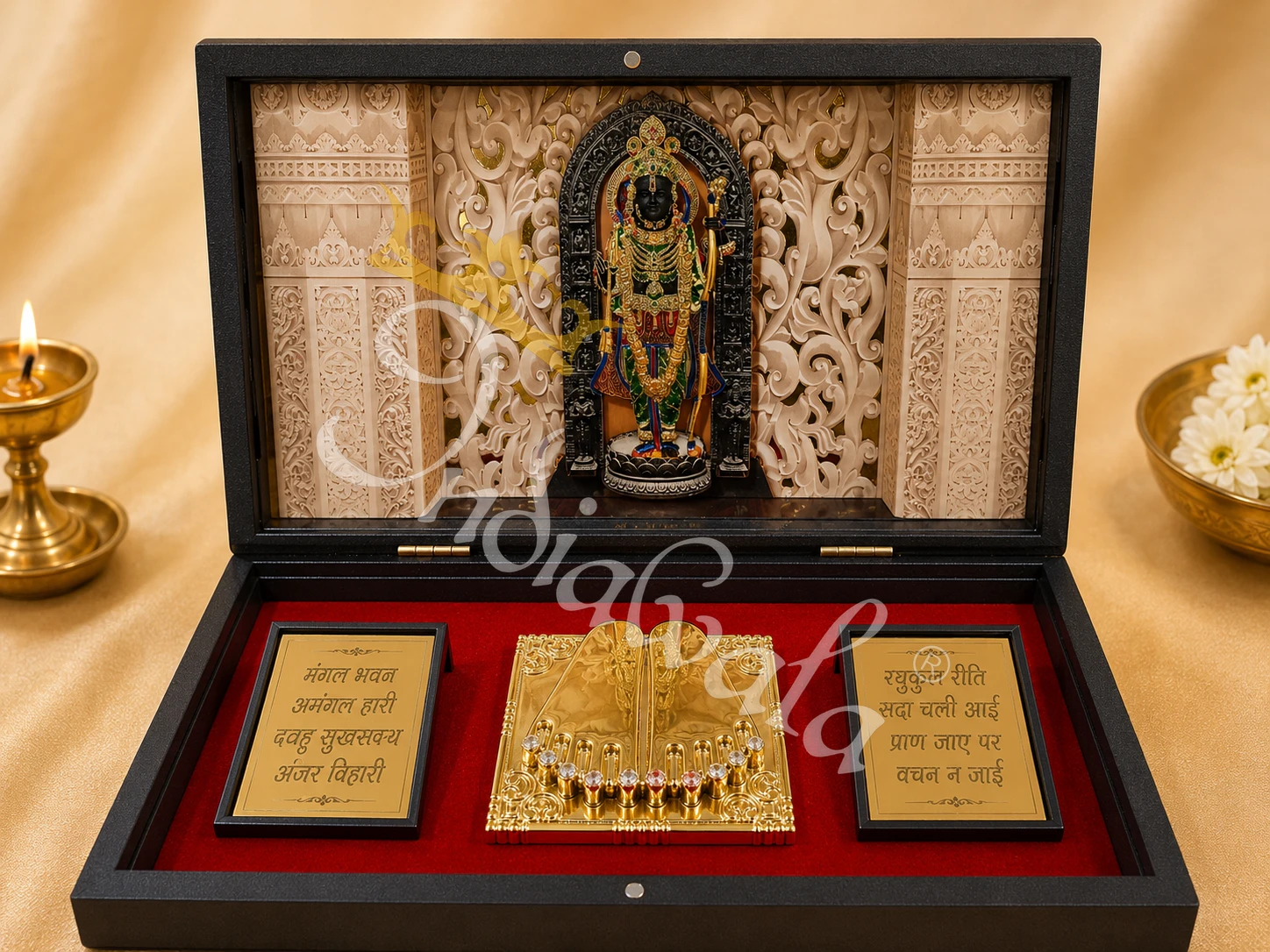 An elegant Ramlalla 3D Charan Paduka Box made of premium wood for spiritual gifting.