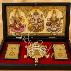3D Laxmi Ganesh Saraswati Charan Paduka Box in a premium wooden casing