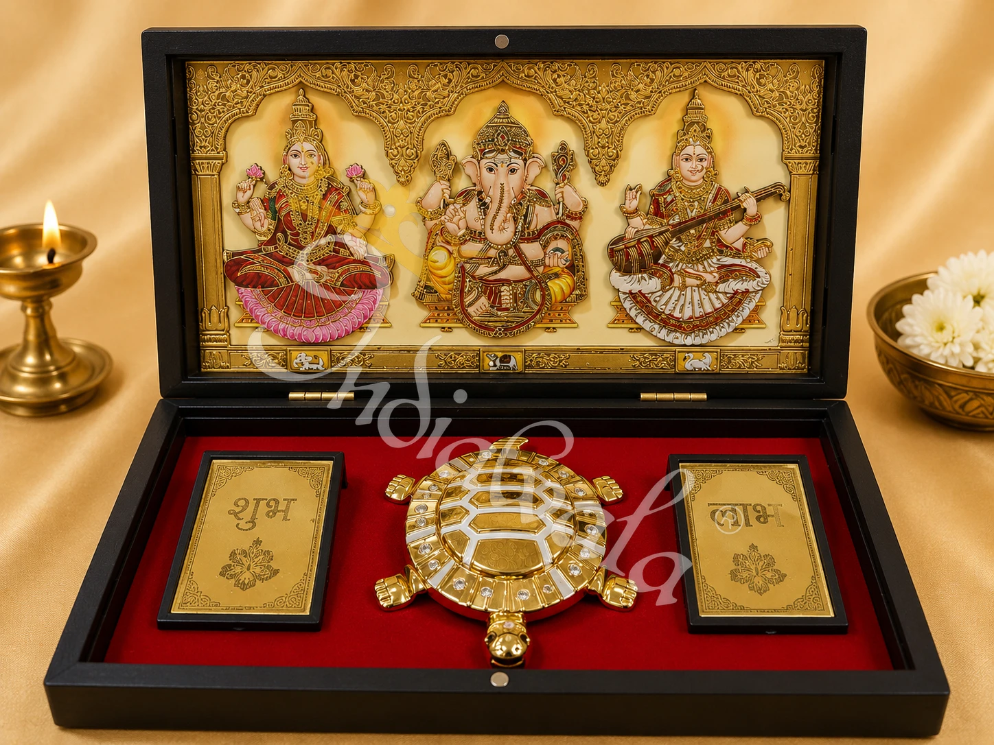3D Laxmi Ganesh Saraswati Charan Paduka Box in a premium wooden casing
