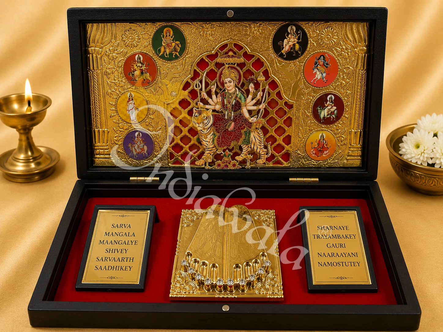 Wooden Ambe Maa Charan Paduka Gifting Box with 3D deity depiction
