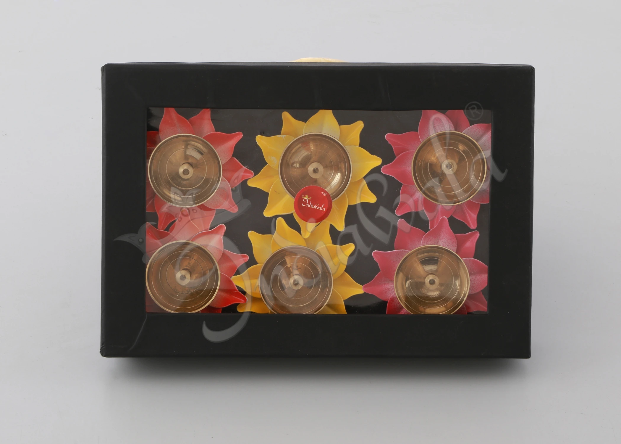 Colourful Brass Copper Lotus Diya Set of 6 for festive pooja decor