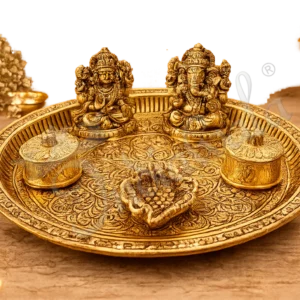 A beautifully crafted 9 Inch Gold Plated Aluminium Pooja Plate with Velvet Box, ready for gifting.
