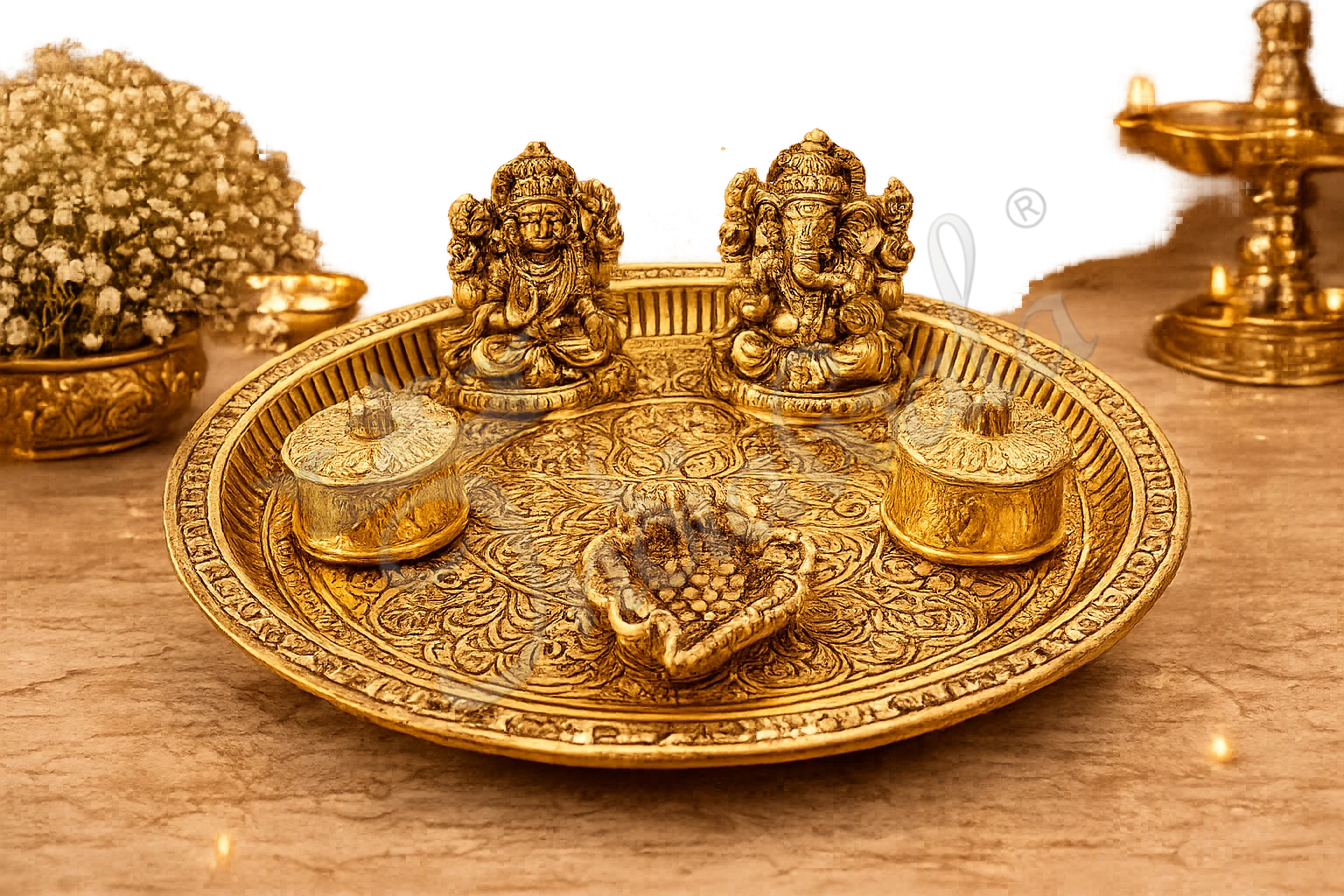 A beautifully crafted 9 Inch Gold Plated Aluminium Pooja Plate with Velvet Box, ready for gifting.