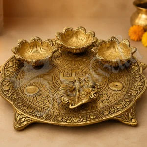 A beautiful Corporate Gifting 8.5 Inch Gold Plated Aluminium Pooja Thali in a velvet box.