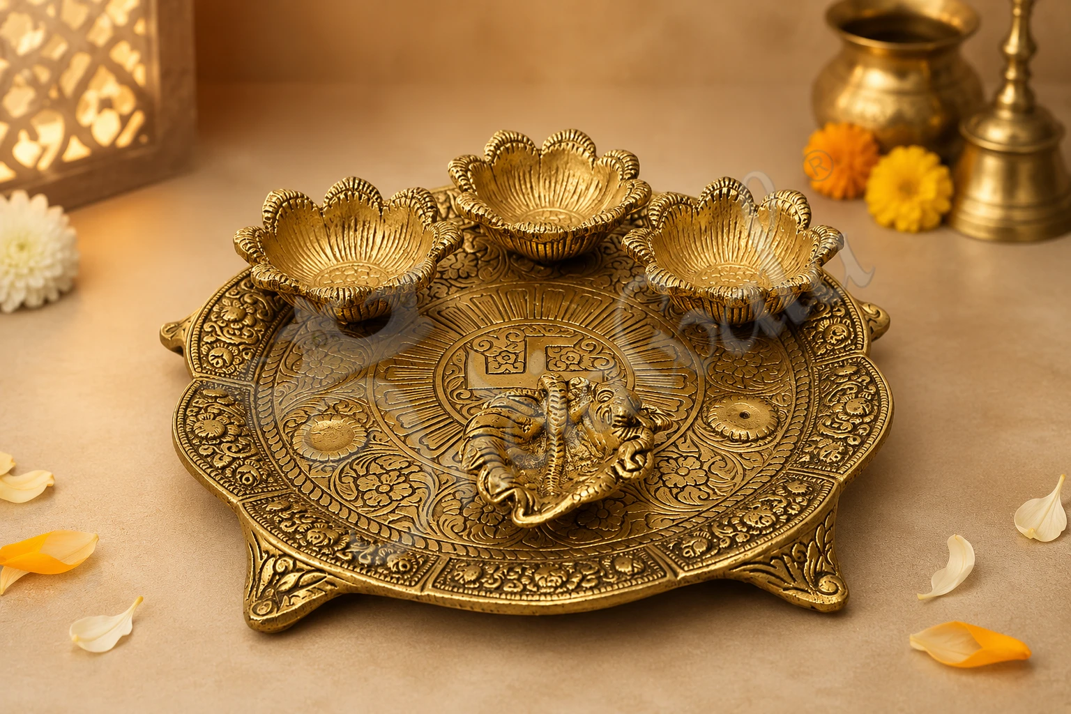 INW-260-2 A beautiful Corporate Gifting 8.5 Inch Gold Plated Aluminium Pooja Thali in a velvet box.
