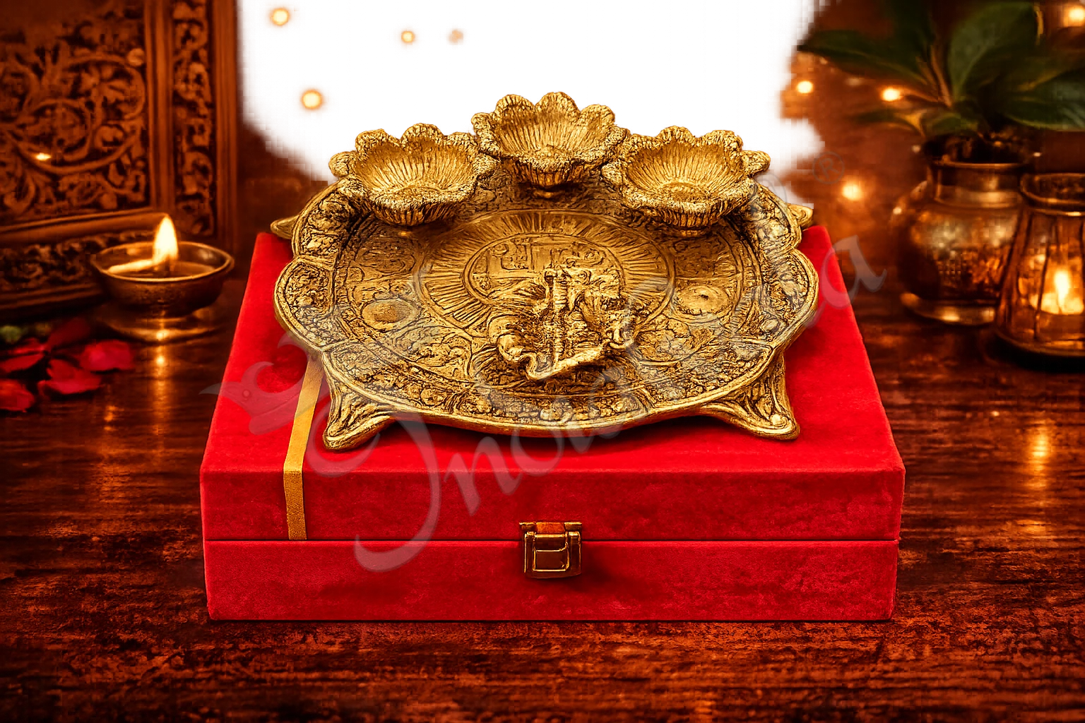 INW-278-1 An 8.5 Inch Gold Plated Aluminium Gifting Pooja Thali with Velvet Box, showcasing its elegant design.