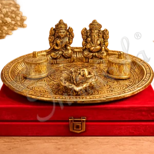 A beautiful 9 Inch Gold Plated Aluminium Pooja Thali with Velvet Box, ready for gifting.