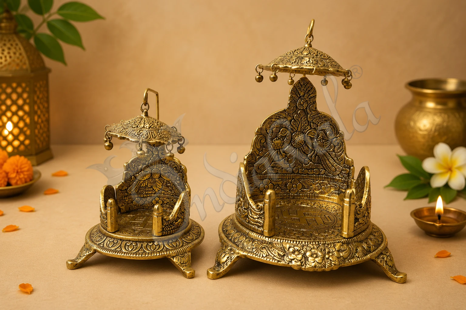 6 Inch Gold Plated Aluminium Singhasan for deity idols