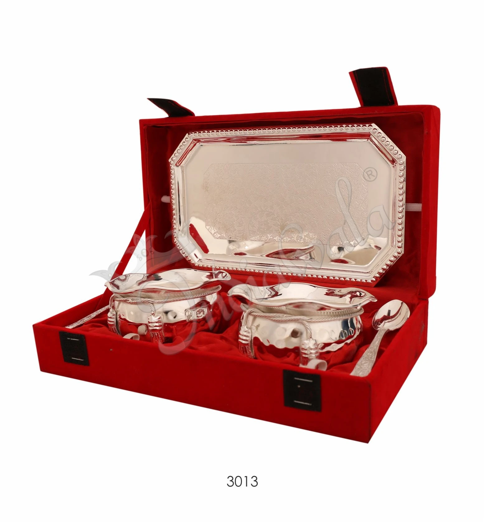 INW-3013 Elegant silver plated brass bowl set with tray in a velvet box