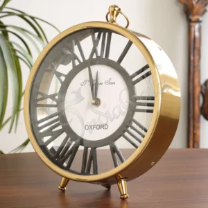 An elegant 8 inch Brass Finish Gifting Table Clock displayed on a surface.