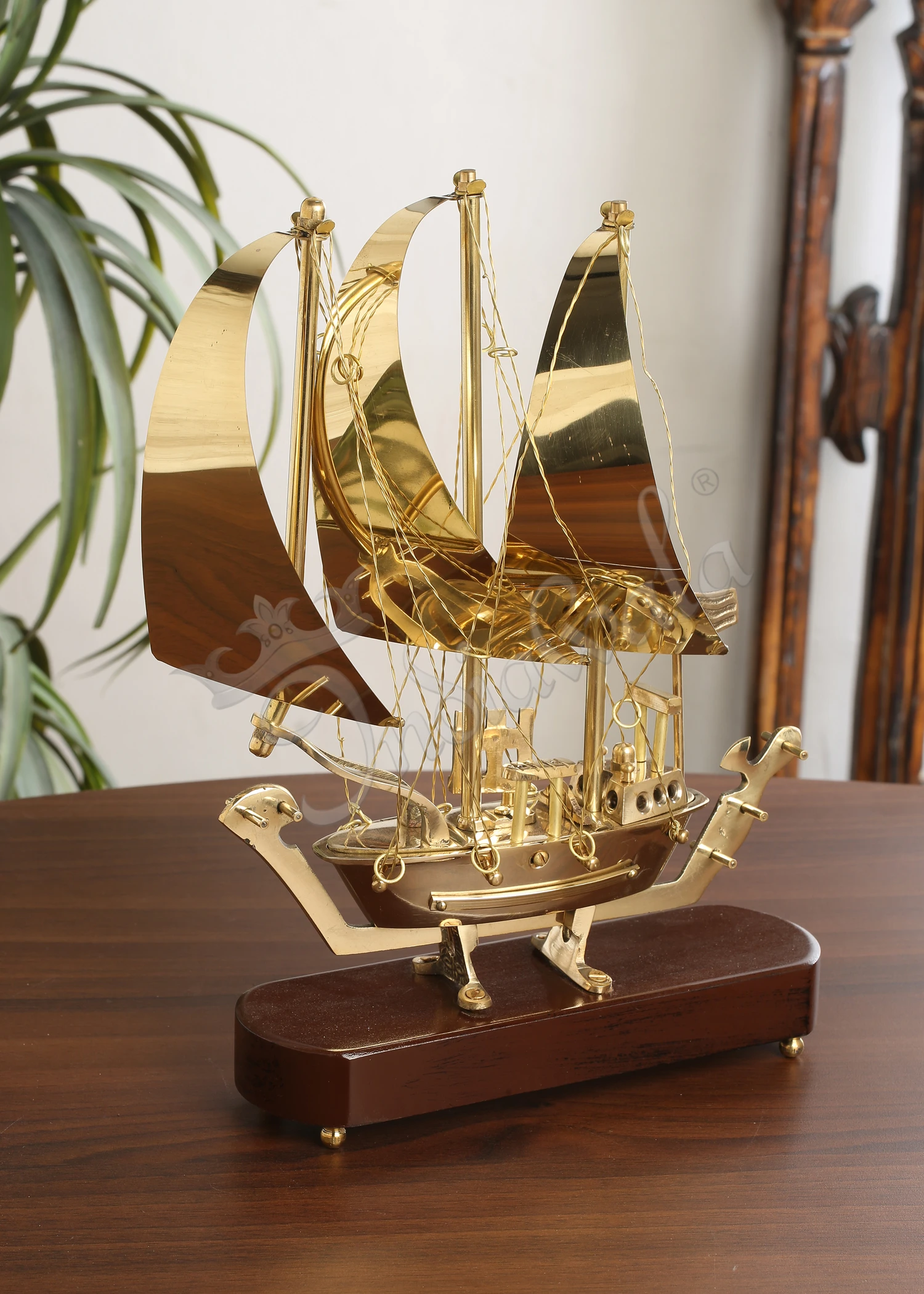 INW-5025 Elegant 10 Inch Brass Gold Plated Ship Figurine for premium home decor and corporate gifting.