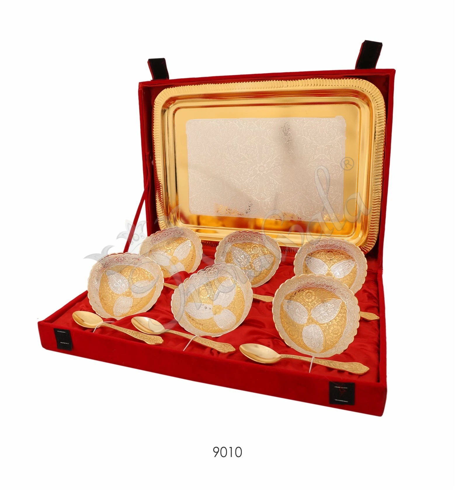 INW-9010 Elegant brass dual tone 3d bowl set with steel tray in a velvet box