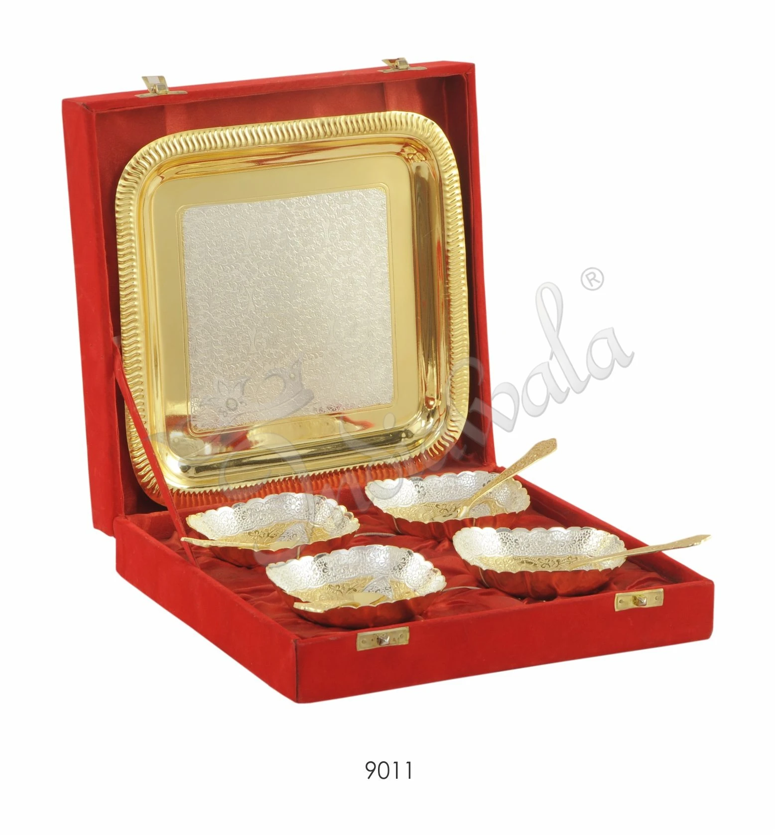 INW-9011 Dual tone brass 3d bowl set of 4 with steel tray in a luxury velvet box