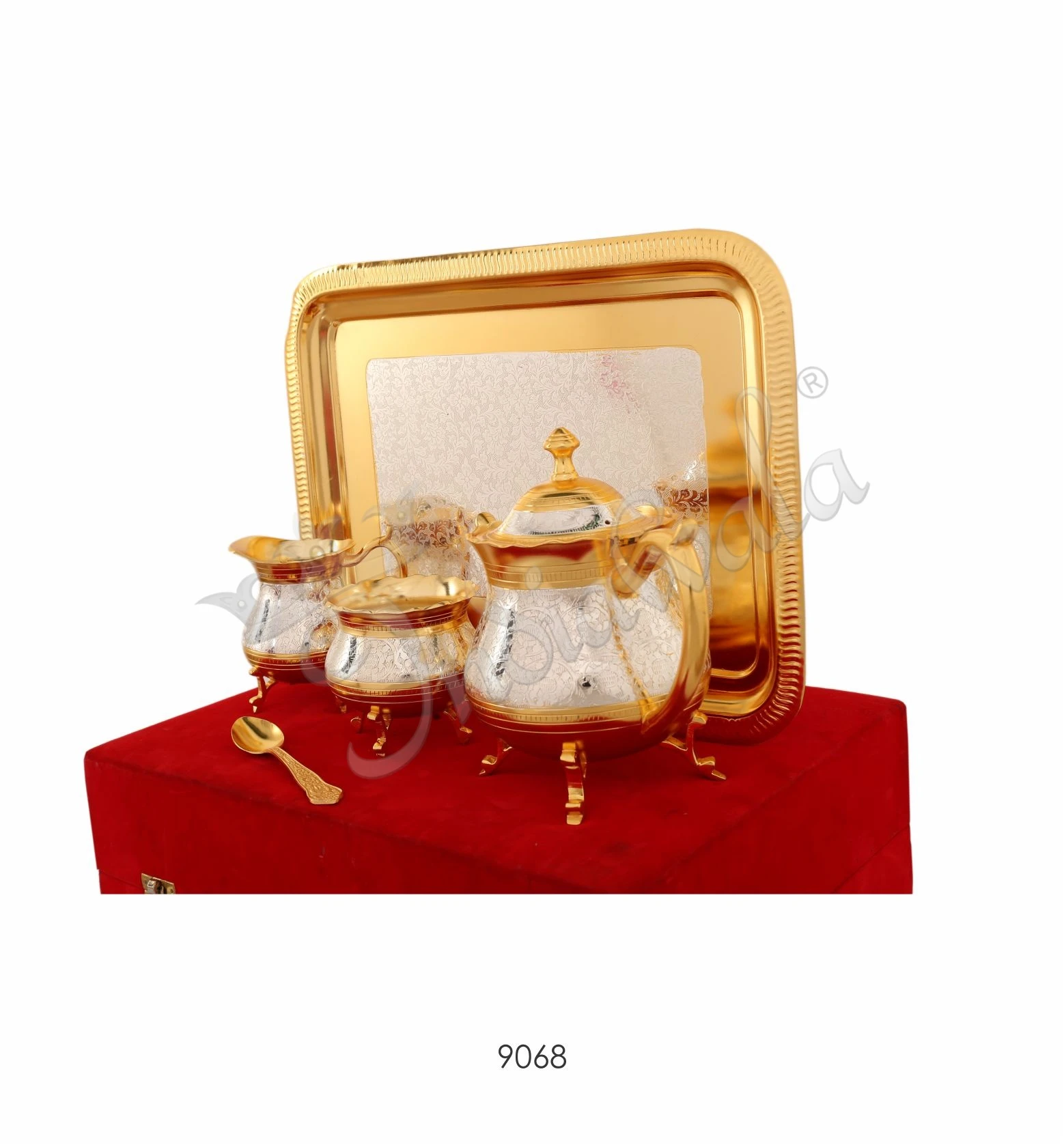 INW-9068 A beautifully crafted Dual Tone Brass Tea Kettle Set with Tray, showcasing its elegant design.