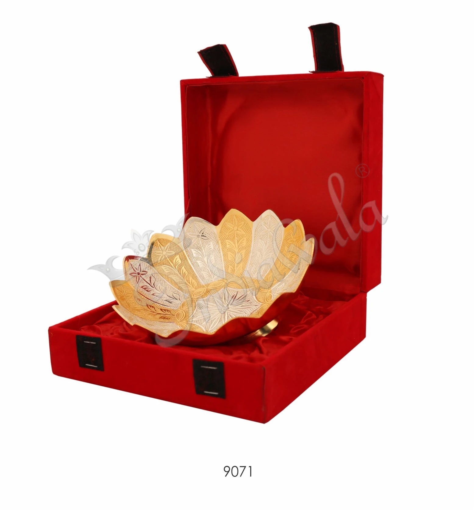 INW-9071-1 Elegant 6 Inch Dual Tone Brass Lotus Bowl Set in a premium velvet box for gifting