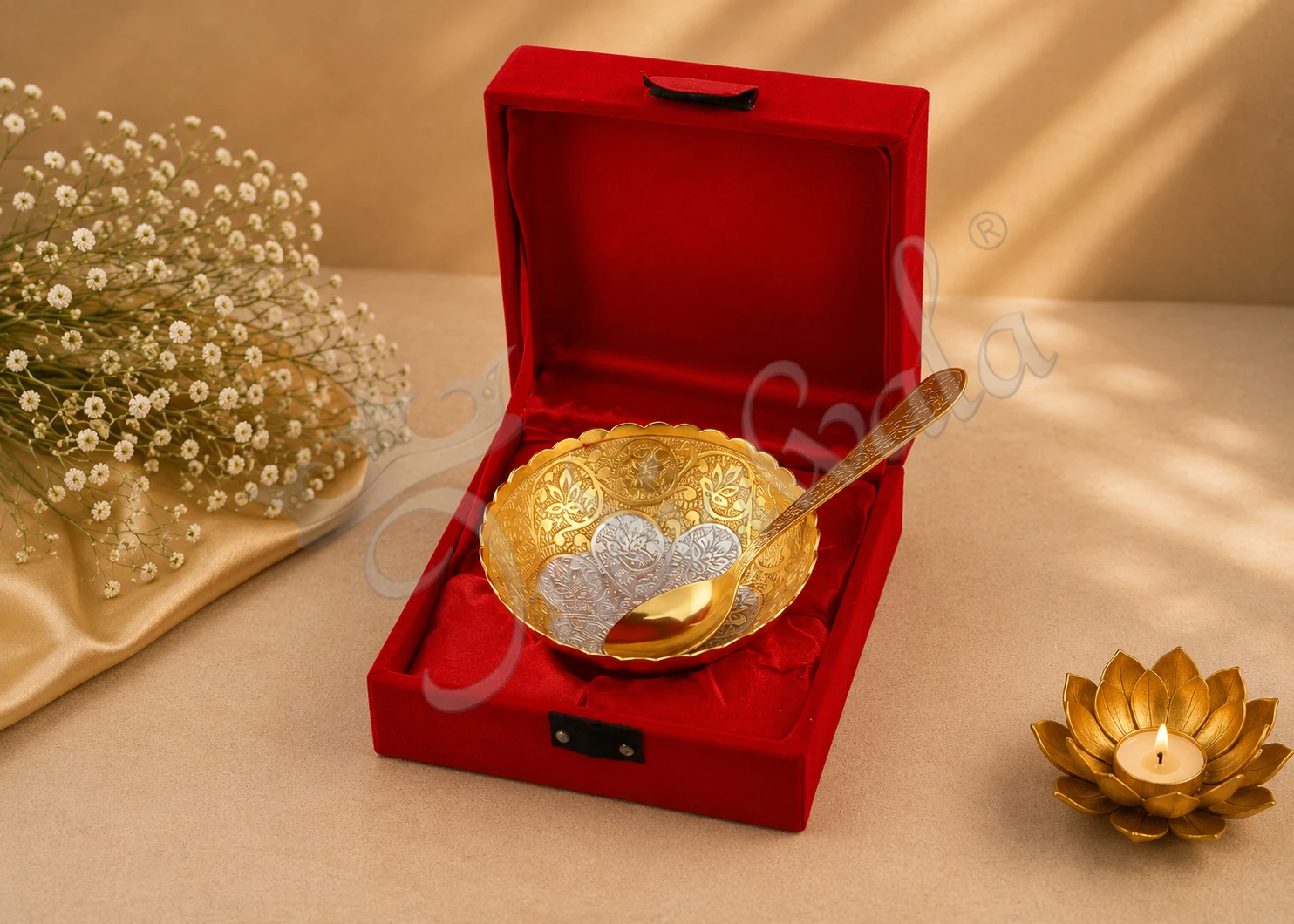 Dual Tone Aluminium Bowl Plate Set in a premium velvet box