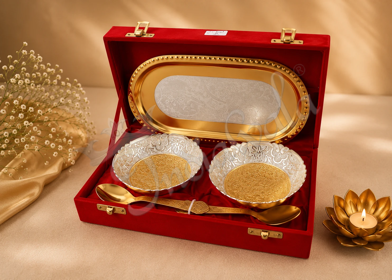 INW-9168 A premium 3.5 inch dual tone aluminium bowl set of 2 with a steel tray in a velvet box.