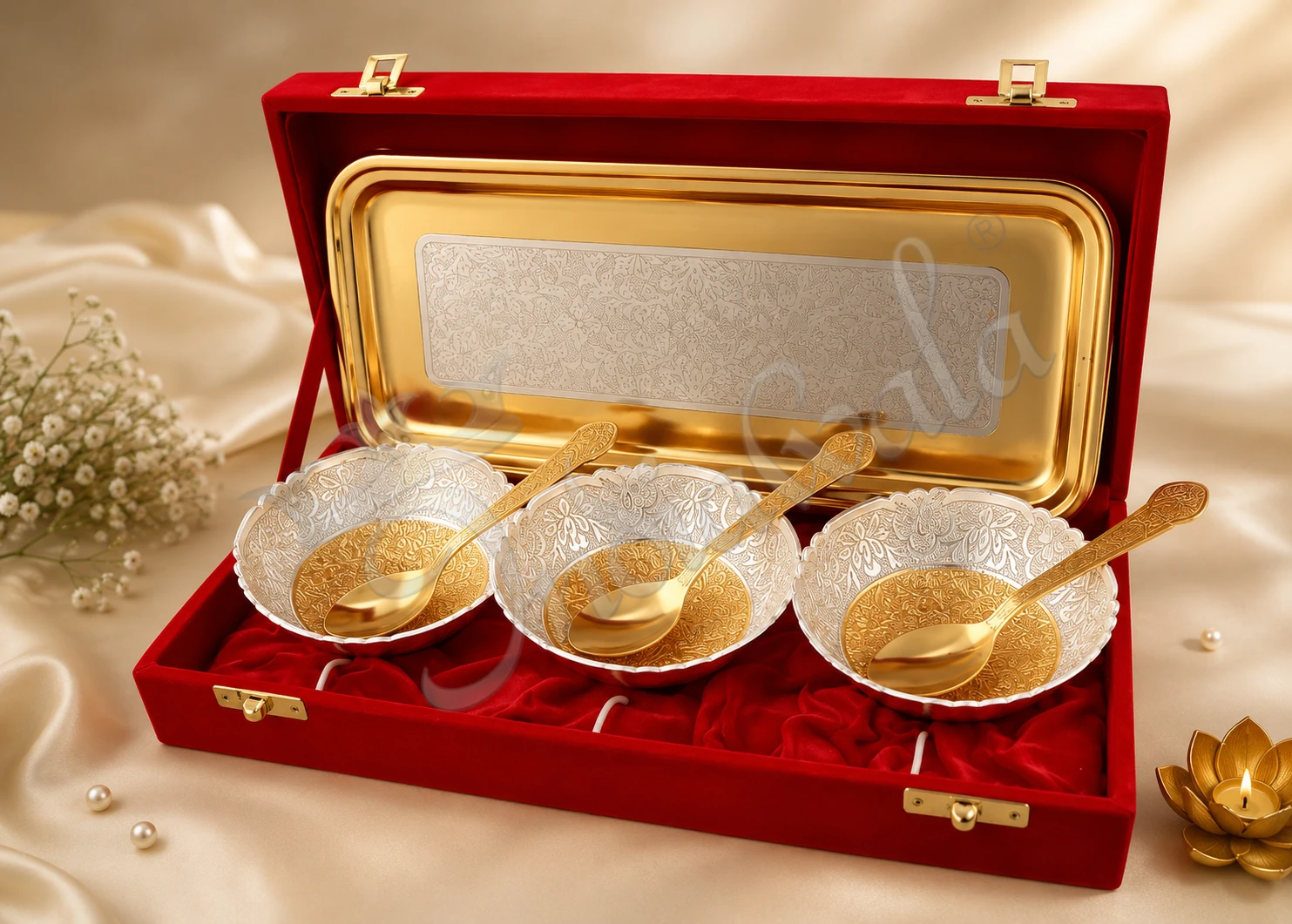INW-9171 Elegant dual tone bowl set of 3 with steel tray in a premium velvet box