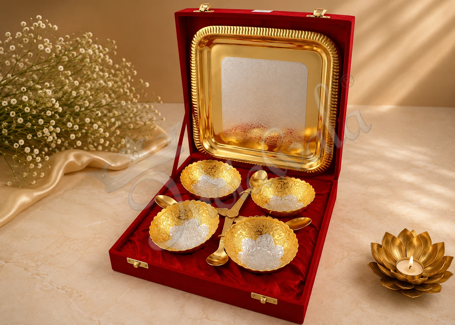 INW-9172 Elegant dual tone bowl set with a steel tray in a velvet box
