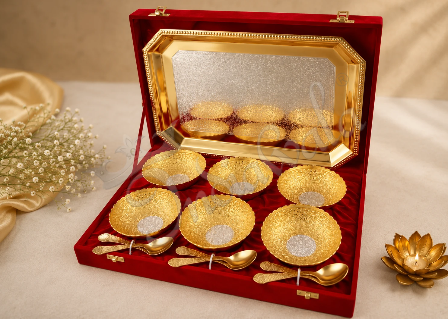 INW-9176 Dual tone aluminium bowl set with steel tray in velvet box
