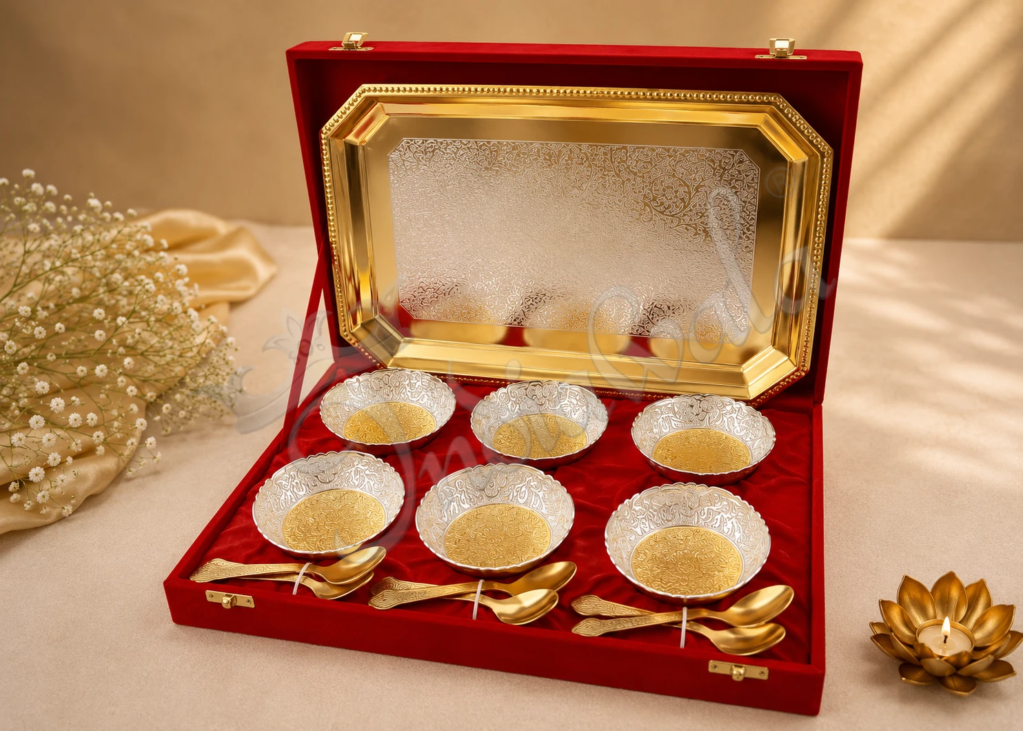 INW-9177 Dual Tone Aluminium Bowl Set of 6 with Steel Tray
