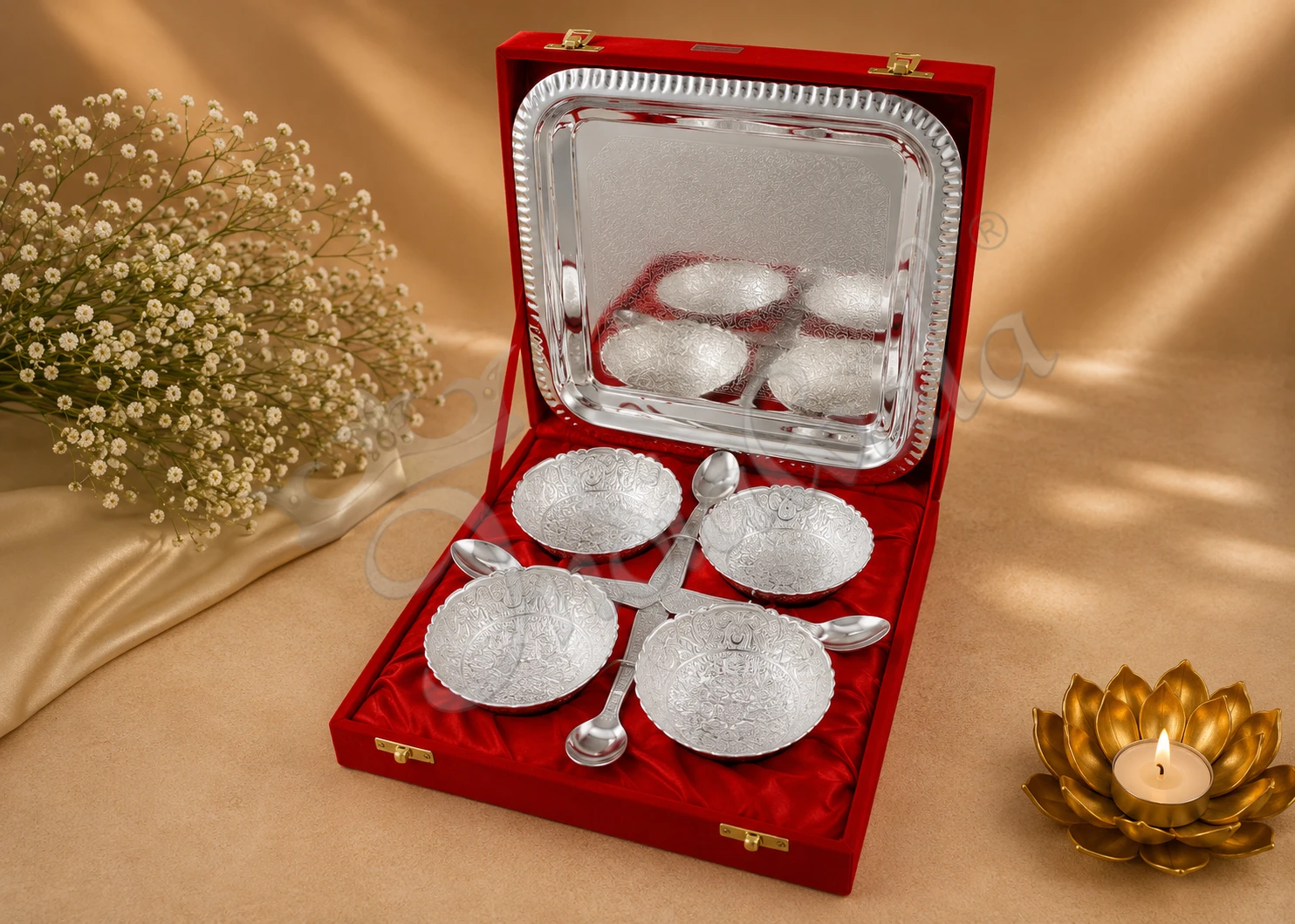 INW-9189 Silver Plated Aluminium Bowl Set in a premium velvet box