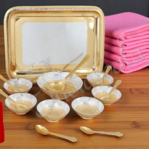 Dual tone aluminium bowl set with velvet box featuring gold and silver finish bowls on a steel tray.