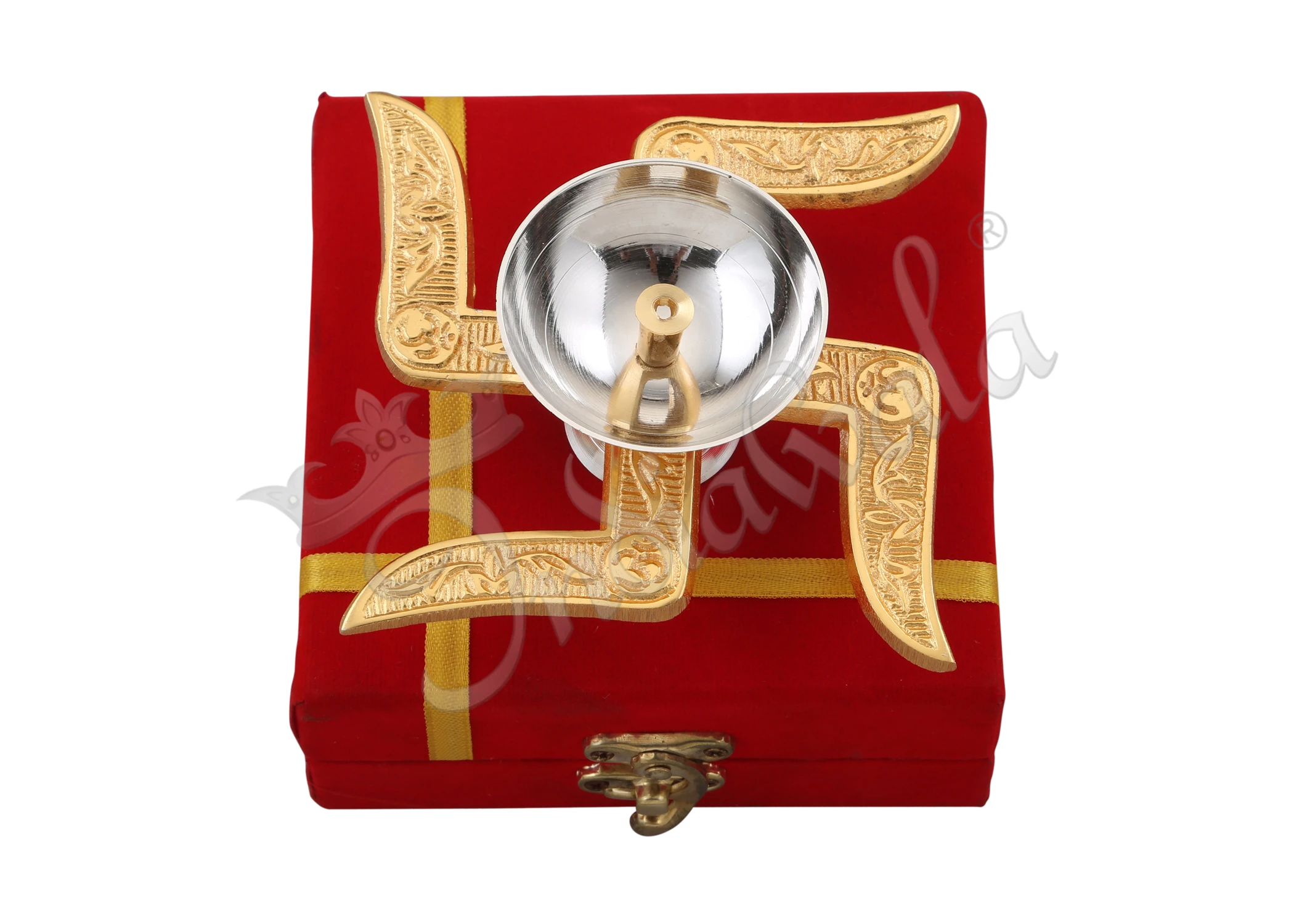 INW-9220-2 4 Inch Gold Plated Aluminium Swastik Diya in a premium velvet box
