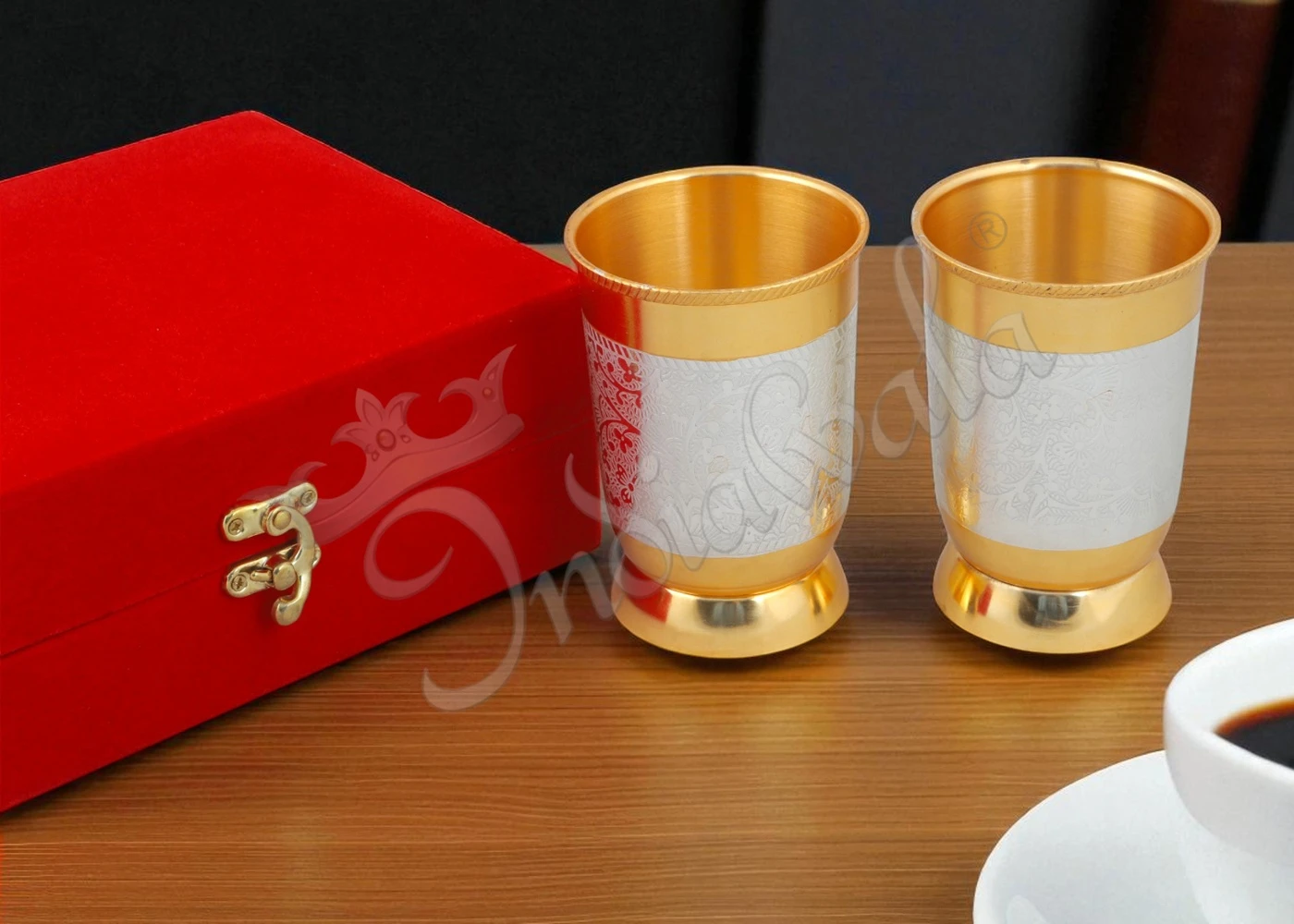 INW-9225 Dual tone steel glass set in velvet box for premium gifting